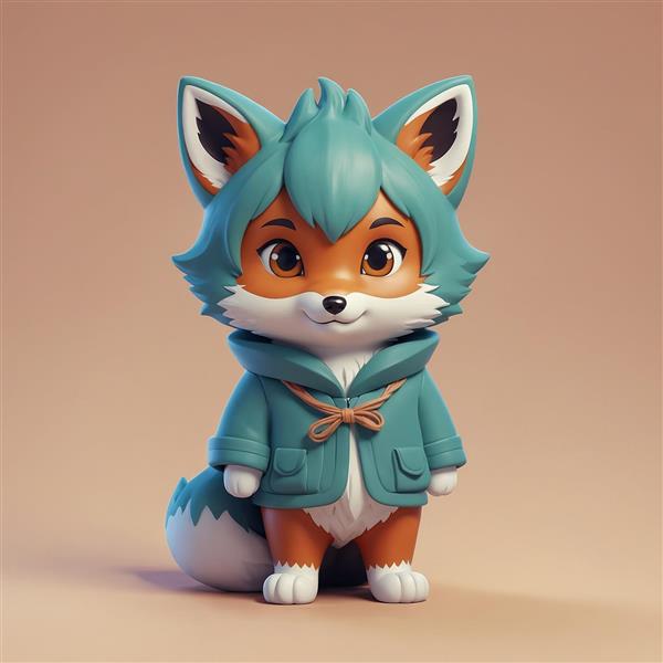 مدل سه بعدی روباه فانتزی با لباس سبز و موی آبی
