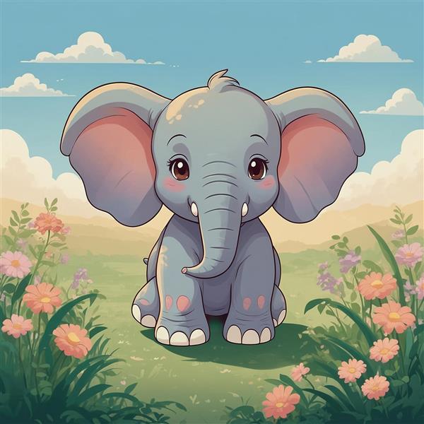 طرح فیل کارتونی در دشت گل زیر آسمان آبی