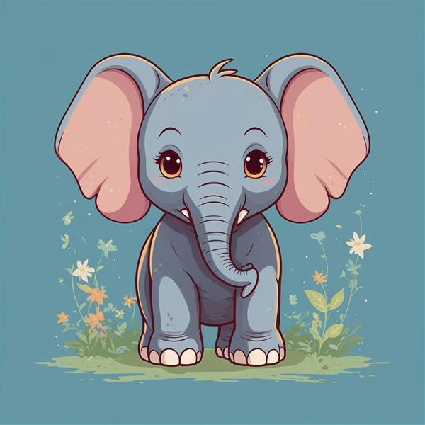 عکس فیل کارتونی در میان گل‌های رنگارنگ بهاری