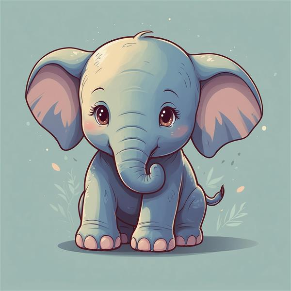 طرح فیل کارتونی آبی نشسته در میان گیاهان سبز