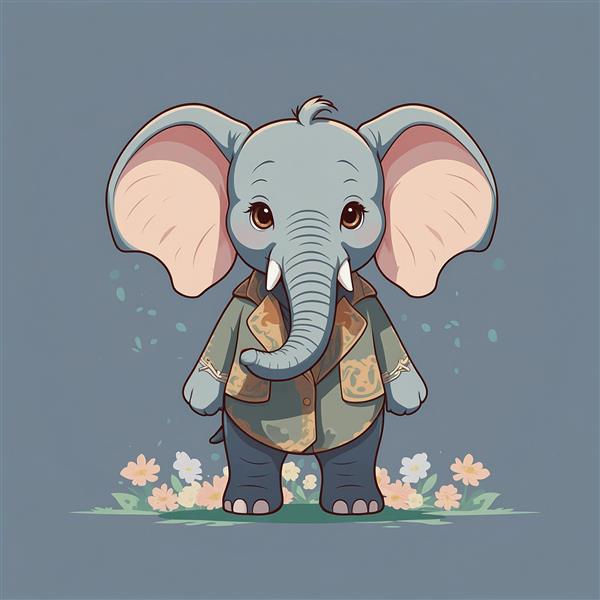 تصویر فیل فانتزی با لباس و کت روی علفزار