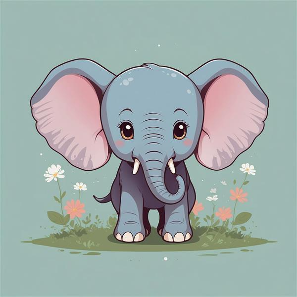 طرح فیل کارتونی خندان در چمن‌زار با گل‌های سفید