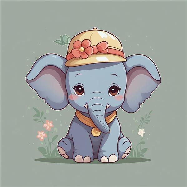 عکس فیل فانتزی با کلاه آفتابی و گل صورتی