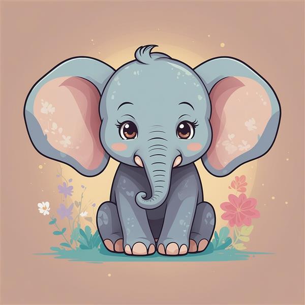 تصویر فیل کارتونی نشسته در میان گل‌ها