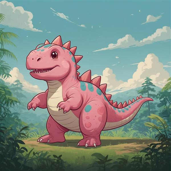 طرح دایناسور صورتی کارتونی باکیفیت در طبیعت جنگل