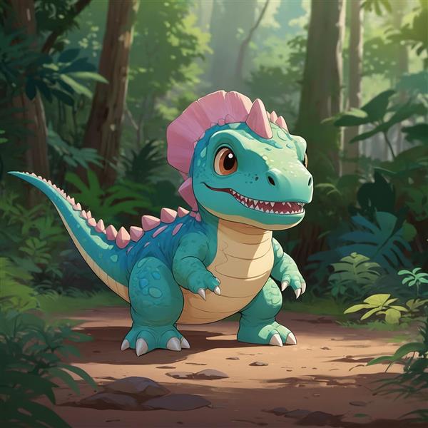 تصویر دایناسور فانتزی فیروزه‌ای در مسیر جنگلی با کیفیت بالا
