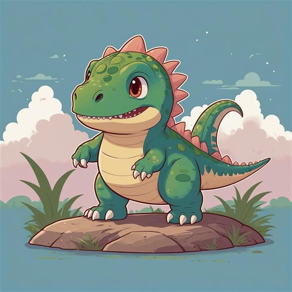 تصویر دایناسور فانتزی سبز روی سنگ با کیفیت بالا
