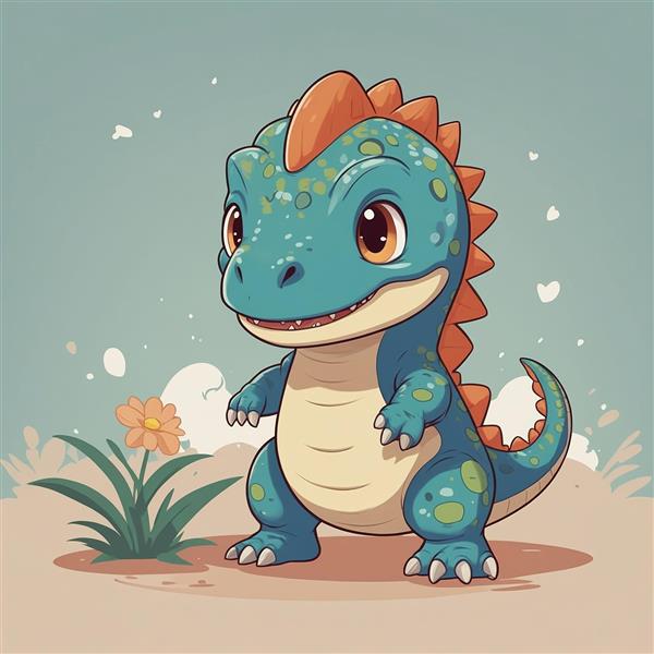 طرح دایناسور کارتونی آبی و گل با جزئیات بالا