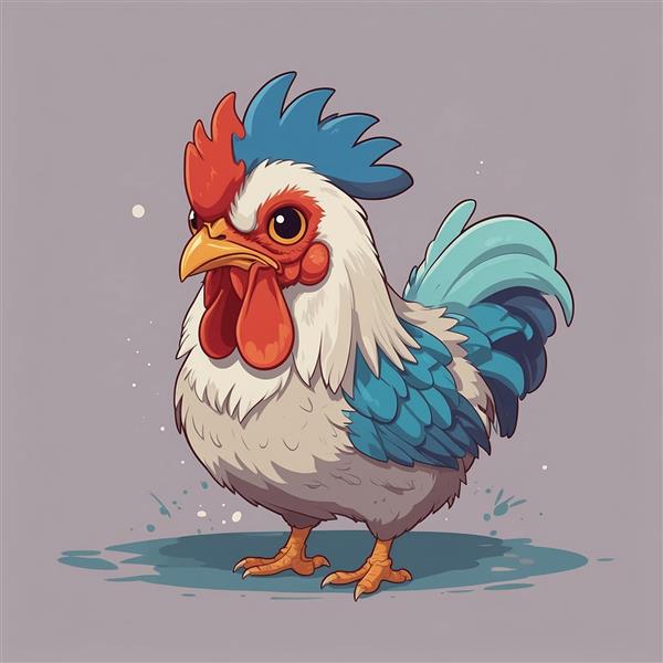 تصویر خروس کارتونی با کاکل آبی و قرمز فانتزی