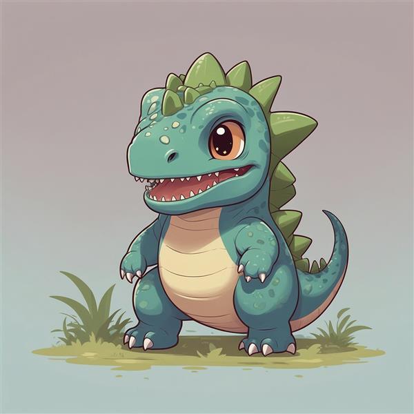 طرح دایناسور سبز تیره فانتزی در چمن‌زار برای تابلو