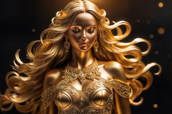 مجسمه طلایی زن با موهای بلند درخشان و جواهرات پرجزئیات روی پس‌زمینه تیره، تصویر هنری ویژه پوستر دیواری گالری، لابی لوکس و تابلو دکوراتیو بزرگ