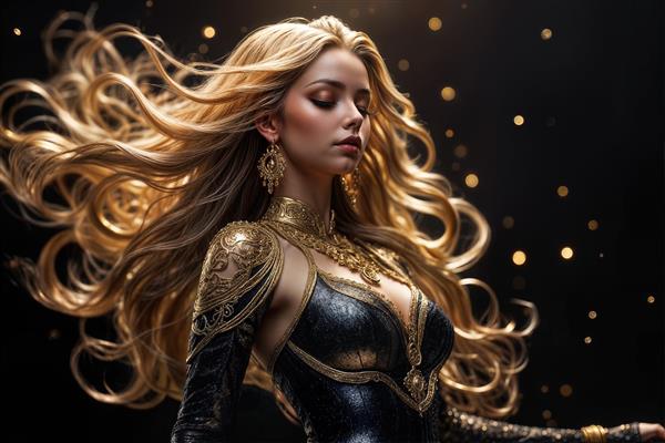 زن بلوند با لباس مشکی و طلایی و موهای مواج بلند در حال حرکت روی پس‌زمینه تیره، فضایی اشرافی برای پوستر دیواری اتاق نشیمن، دفتر مدیریت و دیوار پشت کانتر