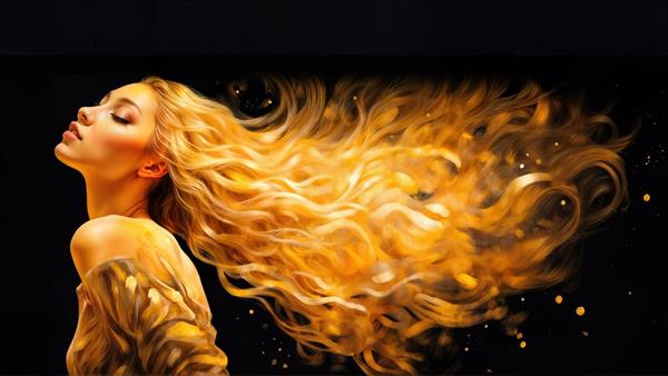 نیمرخ دختر بلوند با موهای بسیار بلند و موج‌دار طلایی روی پس‌زمینه تیره پانوراما، همراه با ذرات نورانی، مناسب پوستر دیواری افقی پشت مبل، راهرو و وال‌مورال سه بعدی مدرن