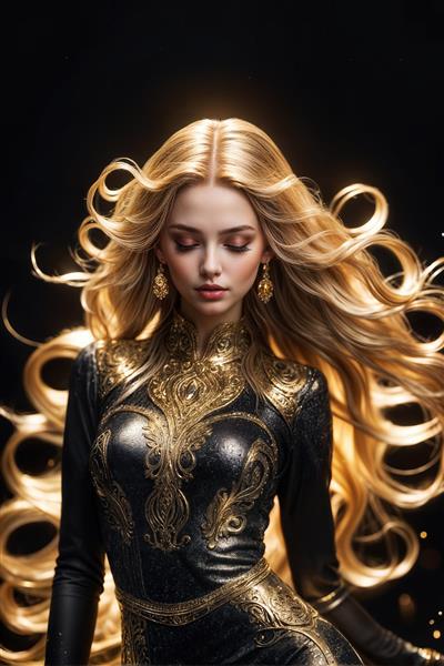پرتره فشن دختر بلوند با لباس مشکی و طلایی و موهای بلند حلقه‌ای روی پس‌زمینه تیره، گزینه ایده‌آل برای پوستر دیواری لوکس اتاق نشیمن، دفتر مدیریت و قاب دکوراتیو عمودی