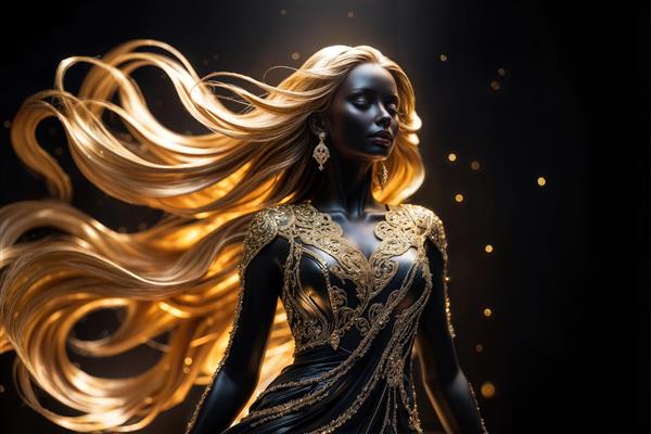 زن با پوست تیره و موهای طلایی بلند در لباس مشکی و طلایی روی پس‌زمینه تاریک، فضایی دراماتیک مناسب پوستر دیواری هنری برای رستوران لوکس، کافه و گالری