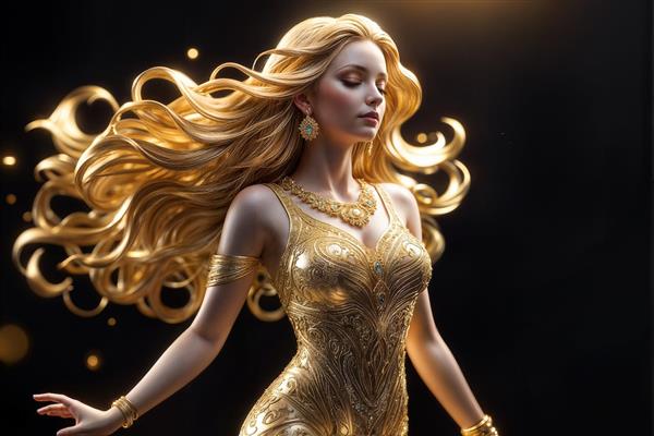 الهه بلوند با لباس طلایی پرجزئیات و موهای بلند درخشان روی پس‌زمینه تیره، طرح لاکچری ویژه وال‌مورال سه بعدی لابی هتل، تالار مجلل و دیوار پشت میز پذیرش