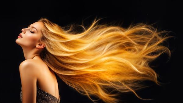 نیمرخ دختر بلوند با موهای بسیار بلند و طلایی روی پس‌زمینه تیره، سبک مینیمال و مدرن مناسب پوستر دیواری افقی سالن زیبایی، آتلیه عکاسی و تابلو دیواری بالای تخت