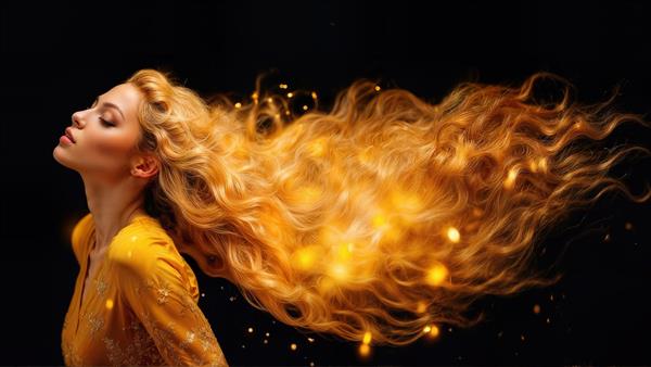 نیمرخ زن جوان با موهای طلایی آتشین در حال پرواز و نورهای درخشان روی پس‌زمینه مشکی، طرح بسیار جذاب برای پوستر دیواری سالن زیبایی مدرن، اتاق خواب و تابلو دکوراتیو بزرگ