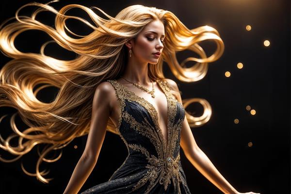 زن بلوند با لباس مجلسی مشکی و طلایی و موهای مواج بلند روی پس‌زمینه تیره، طراحی لاکچری مناسب پوستر دیواری سه بعدی رستوران، کافه لوکس و دیوار پشت بار