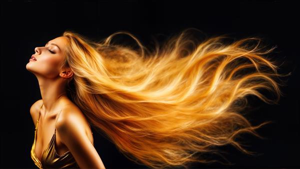 نیمرخ زن بلوند با موهای طلایی بسیار بلند و براق روی پس‌زمینه مشکی ساده، طرح شیک برای پوستر دیواری مینیمال سالن آرایش، کلینیک پوست و قاب دیواری مدرن