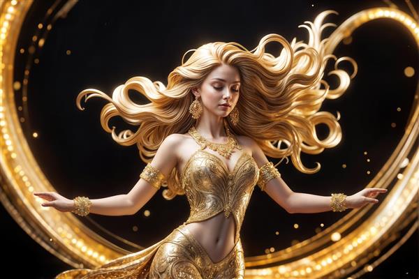 الهه طلایی با لباس درخشان و موهای بلند درون حلقه نور طلایی روی پس‌زمینه تیره، طرح فانتزی چشمگیر برای پوستر دیواری سه بعدی راهرو، لابی هتل و گالری هنری مدرن