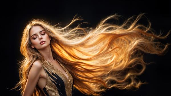 دختر بلوند با موهای بسیار بلند و روشن در حال پرواز روی پس‌زمینه تیره، طرح مدرن و مینیمال مناسب پوستر دیواری سالن زیبایی، آتلیه عکاسی و چاپ قاب دیواری بزرگ