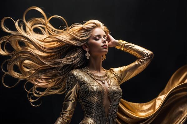 تصویر زن بلوند با موهای بسیار بلند و لباس مشکی و طلایی سلطنتی روی پس‌زمینه تیره، مناسب وال‌مورال سه بعدی لابی هتل، تالار مجلل و دیوار پشت میز پذیرش