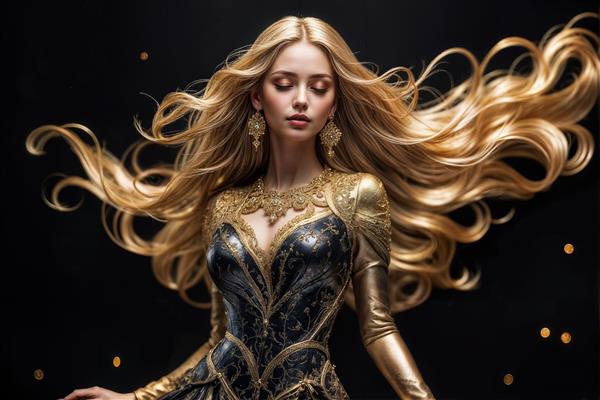 زن بلوند با لباس مجلسی مشکی و طلایی و موهای بلند شناور روی پس‌زمینه تیره، طرح فشن و لاکچری برای پوستر دیواری سه بعدی اتاق نشیمن مدرن، لابی هتل و تابلو دکوراتیو عمودی