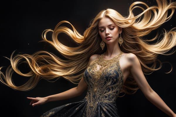 دختر بلوند با موهای بلند موج‌دار و لباس مشکی و طلایی با یقه کارشده روی پس‌زمینه تیره، طرحی مناسب برای پوستر دیواری لوکس اتاق نشیمن، دفتر مدیریت و قاب دکوراتیو عمودی