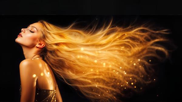 نیمرخ زن بلوند با موهای بسیار بلند و طلایی درخشان که در فضا پخش شده‌اند، همراه با ذرات نورانی روی پس‌زمینه مشکی، ایده‌آل برای پوستر دیواری سالن زیبایی مدرن و قاب دیواری بزرگ