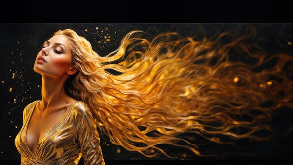 دختر بلوند با لباس طلایی درخشان و موهای بسیار بلند روی پس‌زمینه تیره پانوراما، همراه با ذرات نورانی، مناسب پوستر دیواری افقی پشت مبل، بالای تخت و وال‌مورال سه بعدی مدرن