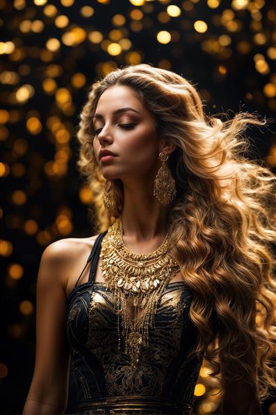 دختر جوان بلوند با موهای فر و لباس مشکی و طلایی همراه با گردنبندهای درخشان در مقابل پس‌زمینه پرنور، گزینه خاص برای چاپ پوستر دیواری لاکچری، تابلو دکوراتیو و محصولات چاپی مد روز