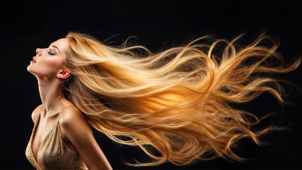 نمای نیمرخ زن بلوند با موهای روشن و نرم در حال حرکت روی پس‌زمینه مشکی ساده، طرح شیک برای پوستر دیواری مینیمال سالن زیبایی، کلینیک پوست و قاب دیواری مدرن