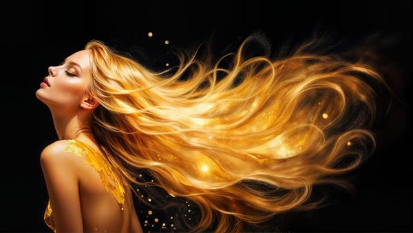 نیمرخ زن جوان با موهای طلایی بسیار بلند در حال پرواز و نورهای درخشان روی پس‌زمینه مشکی، طرح چشمگیر برای پوستر دیواری سالن زیبایی، آتلیه عکاسی و چاپ قاب بزرگ دیواری