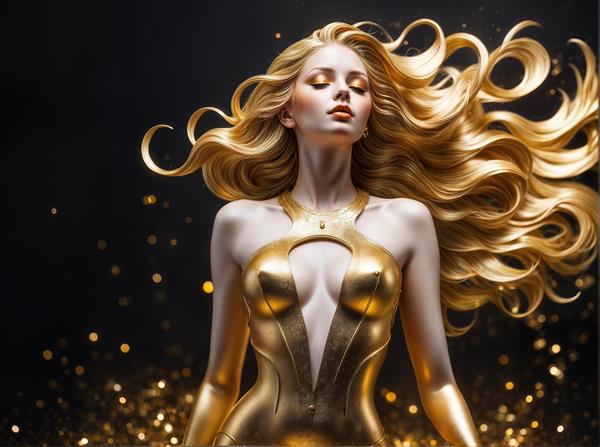 دختر بلوند با لباس طلایی متالیک و موهای موج‌دار که رو به بالا حرکت کرده‌اند، همراه با ذرات نورانی طلایی، طرح مدرن برای پوستر دیواری سه بعدی اتاق خواب مدرن، سالن زیبایی و چاپ پرده لوکس