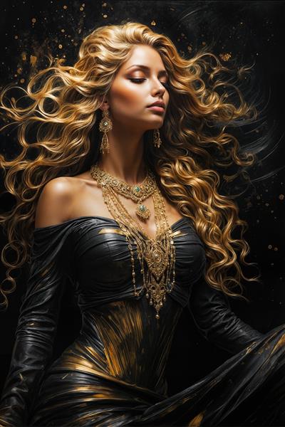 زن بلوند با موهای فر طلایی و لباس مشکی براق همراه با جواهرات طلایی، ترکیب فشن و لاکچری مناسب پوستر دیواری برای بوتیک زنانه، سالن زیبایی، اتاق خواب مدرن و قاب دیواری بزرگ