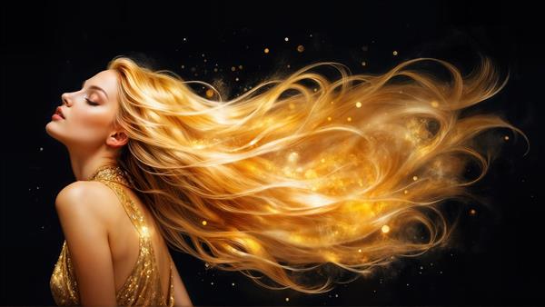 موهای طلایی درخشان زن جوان در حال حرکت با ذرات نورانی، پس‌زمینه تیره مناسب پوستر دیواری سه بعدی برای سالن آرایش، دکور دیوار اتاق خواب و چاپ پرده و کوسن لوکس