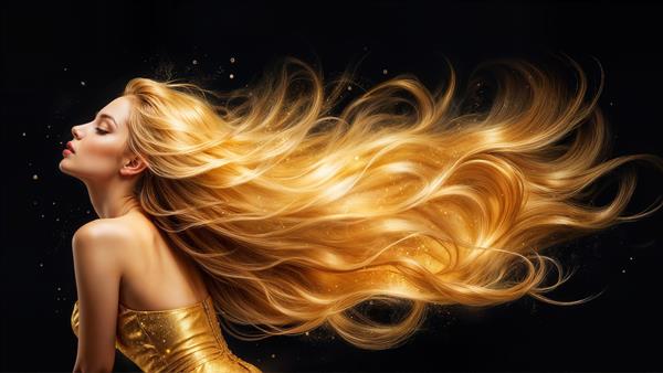 زن بلوند با موهای طلایی رها در باد روی پس‌زمینه مشکی، طرح لوکس درخشان مناسب پوستر دیواری سه بعدی و وال‌مورال سالن زیبایی زنانه، دکور دیوار اتاق خواب و قاب دکوراتیو مدرن