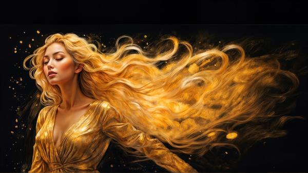 طرح گرافیکی زن با لباس و موهای درخشان طلایی برای پوستر دیواری عریض و دکوراسیون پشت تلویزیون