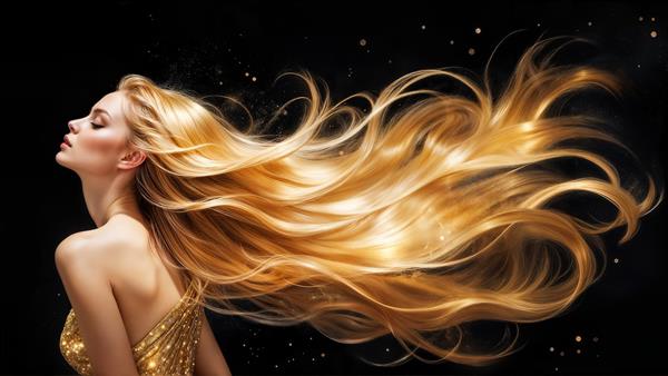 پوستر دیواری پانوراما با طرح موهای بلند طلایی زن و ذرات معلق نور ایده‌آل برای اتاق خواب و سالن‌های زیبایی