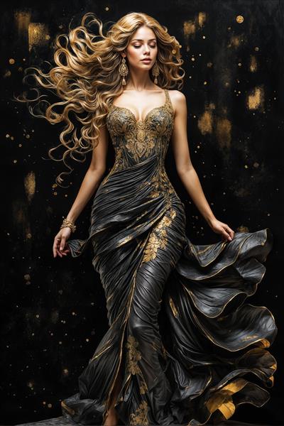 طرح لوکس زن با لباس بلند مشکی و طلایی ویژه چاپ پوستر دیواری عمودی در مزون‌های لباس و سالن‌های مد