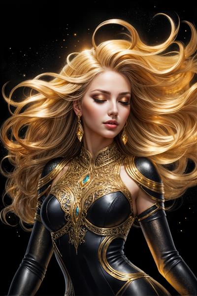 پوستر دیواری عمودی زن جنگجو با زره سیاه و طلایی لوکس برای دکوراسیون اتاق گیمینگ و باشگاه‌های ورزشی