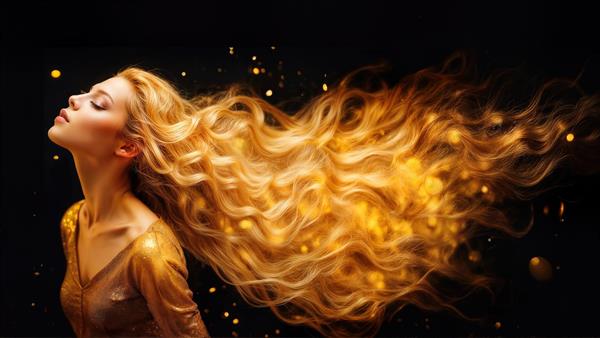 نقاشی دیجیتال زن با موهای موج‌دار طلایی و تلالو نور ویژه تولید پوستر دیواری و پرده تصویری مدرن