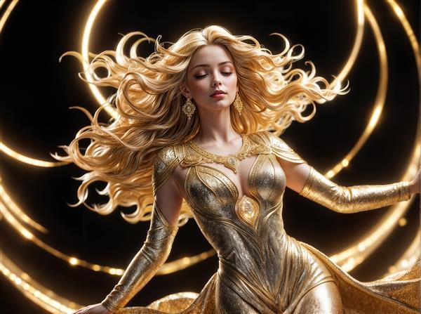 پوستر دیواری زن اشرافی با لباس طلایی در میان حلقه‌های نورانی ایده‌آل برای لابی هتل و تالارهای مجلل