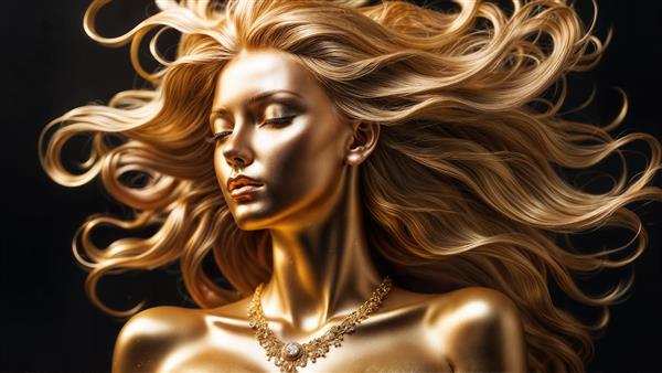 تصویر لوکس چهره زن به رنگ طلایی خالص با گردنبند جواهر برای پوستر دیواری گالری‌های طلا و جواهر و دکوراسیون اشرافی