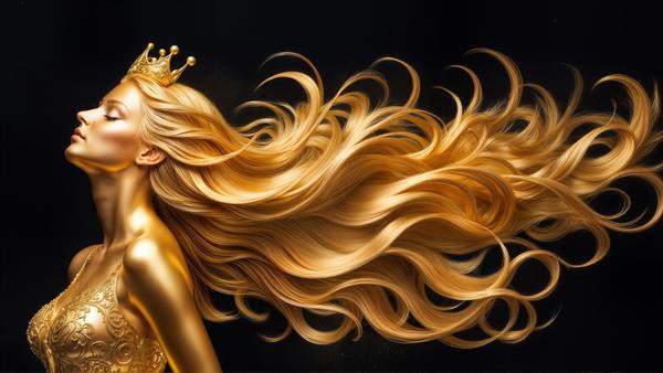 طرح فانتزی زن با تاج پادشاهی و موهای بسیار بلند طلایی برای پوستر دیواری سه بعدی اتاق خواب و دیوارهای دکوراتیو ویلا