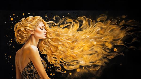 نقاشی هنری زن با شینیون کلاسیک و موهای طلایی درخشان مناسب برای پوستر دیواری تالارهای پذیرایی و سالن‌های زیبایی