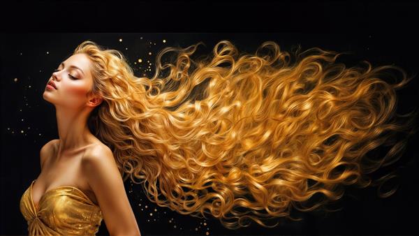 تصویر گرافیکی موهای فر و پرپشت طلایی زنانه برای طراحی تابلوهای دکوراتیو و پوستر دیواری مراکز تخصصی مراقبت از مو