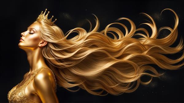 طرح رویایی ملکه طلایی با موهای بلند و تاج درخشان ویژه پوستر دیواری اتاق کودک و نوجوان و دکوراسیون فانتزی