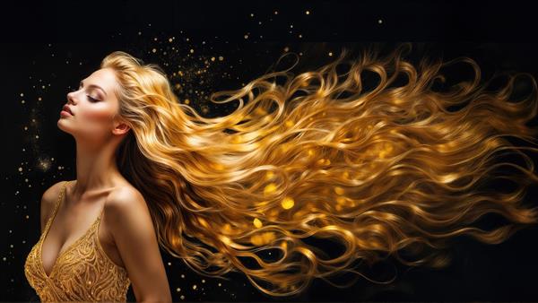 عکس حرفه‌ای با رزولوشن بالا از موهای افشان بلوند و درخشان برای چاپ پوستر دیواری عریض در آرایشگاه‌های لوکس زنانه